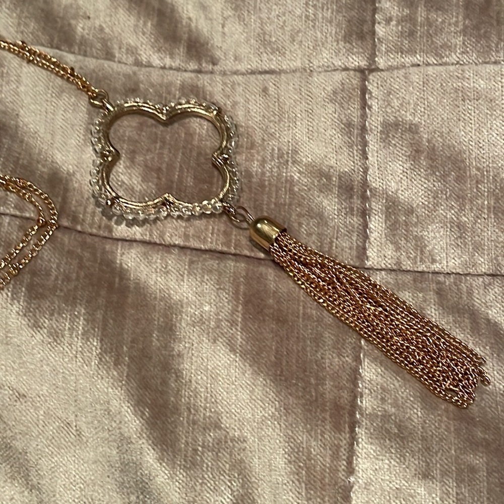 Fringe Beaded Clover Tassel Necklace 24”